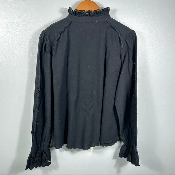 Ba&sh Black Cotton Ruffle Neckline Lady Shirt Size 6 Sophisticated Cottagecore - Picture 3 of 14